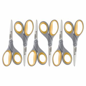 Westcott Titanium Straight Scissors, 7″, High School Educational Level, Gray/Yellow, for Office, 6 Pack