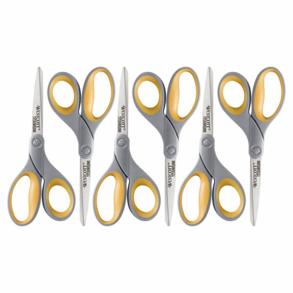 Westcott Titanium Straight Scissors, 7″, High School Educational Level, Gray/Yellow, for Office, 6 Pack