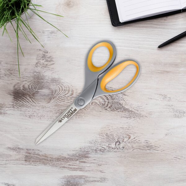 Westcott Titanium Straight Scissors, 7″, High School Educational Level, Gray/Yellow, for Office, 6 Pack