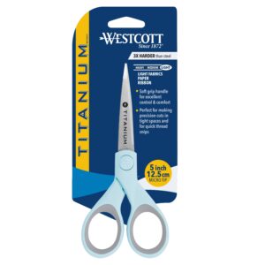 Westcott Crafting Scissors, Titanium Bonded, 5″ Micro-Tip, Light Blue, 1 Count