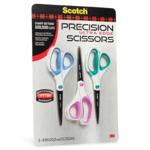 Scotch Precision Ultra Edge Scissors, 8 in., Assorted Colors, 3 Count