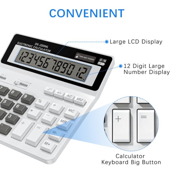 Desktop Calculator, Clear Large LCD 12-Digit Display, School Calculators with Dual Power Battery and Solar, Sensitive Big Buttons and Standard Function for School, Office, Home