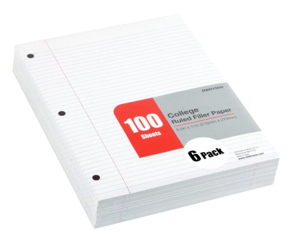 Filler Paper 600 Sheets (6pks of 100) – College Ruled (8.5in x 11in) – 3 Hole Punched for Ring Binders Filler Paper 600 Sheets (6pks of 100) – College Ruled (8.5in x 11in) – 3 Hole Punched for Ring Binders