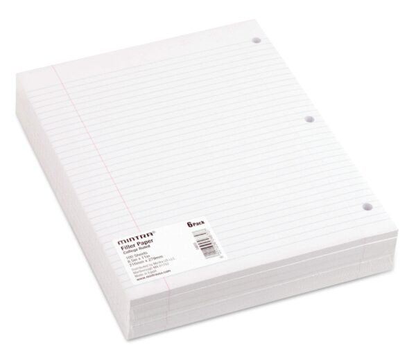 Filler Paper 600 Sheets (6pks of 100) – College Ruled (8.5in x 11in) – 3 Hole Punched for Ring Binders