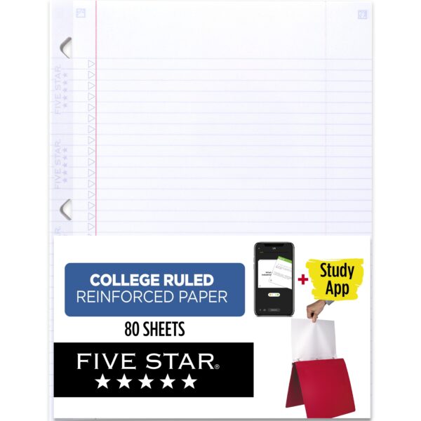Five Star Reinforced Filler Paper Plus Study App, College Ruled, 8.5″ x 11″, 80 Sheets/Pack (170102-WMT)