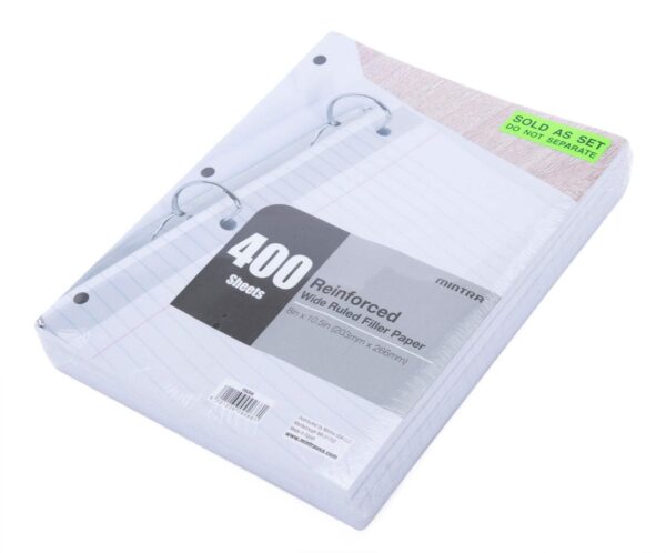 Reinforced Filler Paper (4 Pack) – Wide Ruled – 3hole punched and reinforced for ring binders