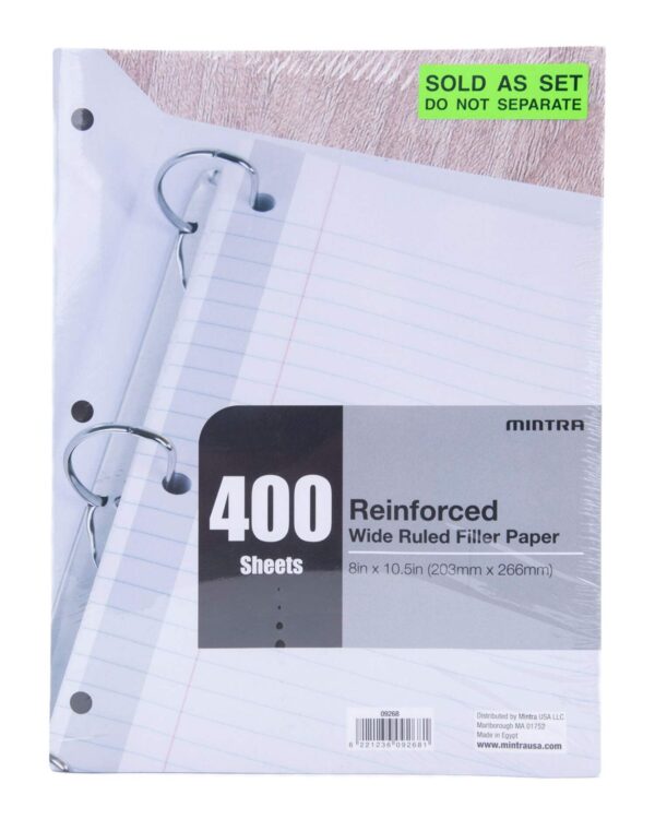 Reinforced Filler Paper (4 Pack) – Wide Ruled – 3hole punched and reinforced for ring binders
