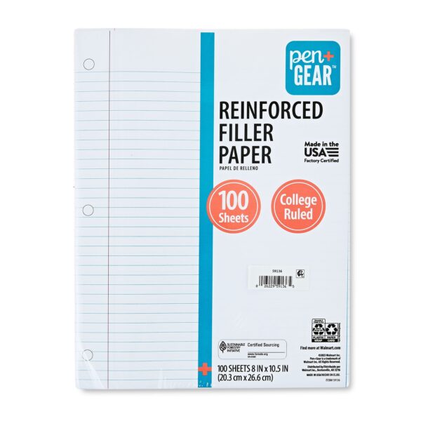 Pen+Gear College Ruled 8″ x 10.5″ Reinforced Filler Paper, 100 Sheets