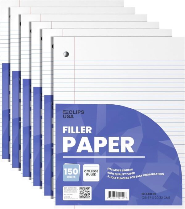 E-Clips USA College Ruled Notebook Paper, 1800 Loose Leaf Paper Sheets, 6-pack