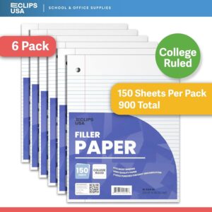 E-Clips USA College Ruled Notebook Paper, 1800 Loose Leaf Paper Sheets, 6-pack