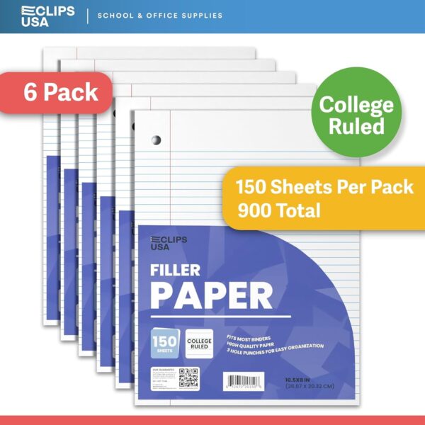 E-Clips USA College Ruled Notebook Paper, 1800 Loose Leaf Paper Sheets, 6-pack