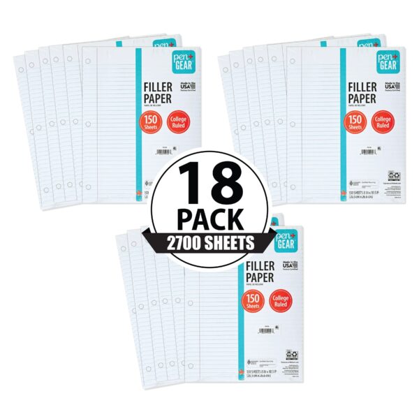 Pen+Gear College Rule Filler Paper, 8″x10.5, 150 Sheets Each (18 Pack), New