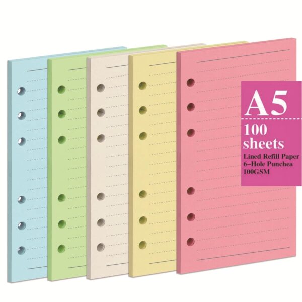DIAEDGE 100 Sheets A5 Lined Refill Paper 5 Colors 6 Hole Punched Loose Leaf Paper For Refillable Notebook Binder For Journal And Planner Inserts