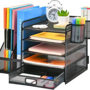 Marbrasse 5-Tier Desk Organizer with File Holder, Drawer, and Pen Holders – Mesh Desktop Storage for Office Supplies and Magazines