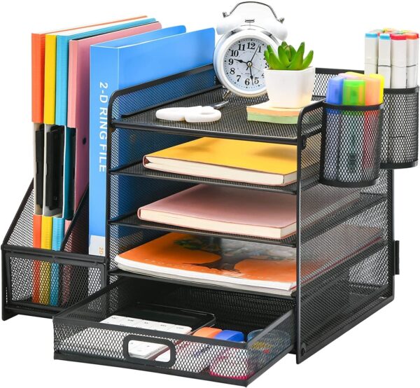 Marbrasse 5-Tier Desk Organizer with File Holder, Drawer, and Pen Holders – Mesh Desktop Storage for Office Supplies and Magazines