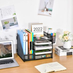 Marbrasse 5-Tier Desk Organizer with File Holder, Drawer, and Pen Holders – Mesh Desktop Storage for Office Supplies and Magazines