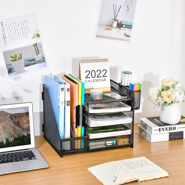 Marbrasse 5-Tier Desk Organizer with File Holder, Drawer, and Pen Holders – Mesh Desktop Storage for Office Supplies and Magazines