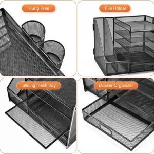 Marbrasse 5-Tier Desk Organizer with File Holder, Drawer, and Pen Holders – Mesh Desktop Storage for Office Supplies and Magazines