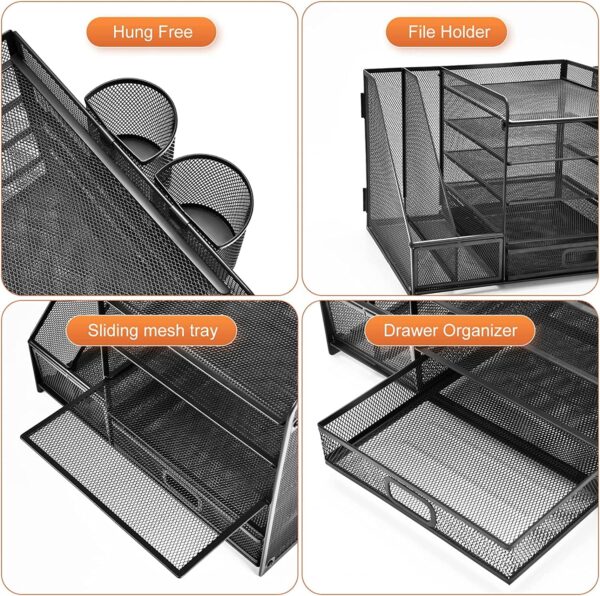 Marbrasse 5-Tier Desk Organizer with File Holder, Drawer, and Pen Holders – Mesh Desktop Storage for Office Supplies and Magazines