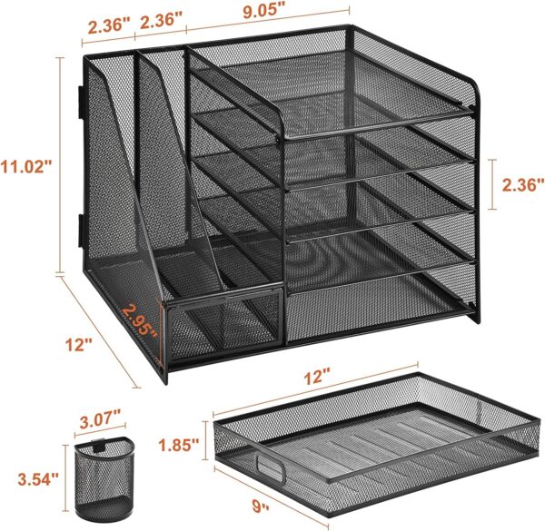 Marbrasse 5-Tier Desk Organizer with File Holder, Drawer, and Pen Holders – Mesh Desktop Storage for Office Supplies and Magazines