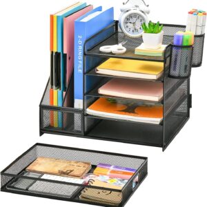 Marbrasse 5-Tier Desk Organizer with File Holder, Drawer, and Pen Holders – Mesh Desktop Storage for Office Supplies and Magazines