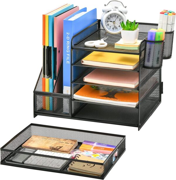 Marbrasse 5-Tier Desk Organizer with File Holder, Drawer, and Pen Holders – Mesh Desktop Storage for Office Supplies and Magazines