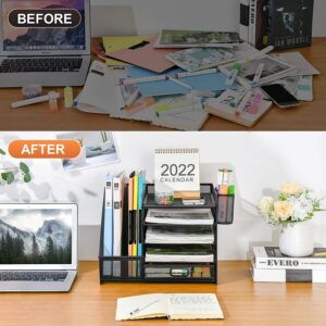 Marbrasse 5-Tier Desk Organizer with File Holder, Drawer, and Pen Holders – Mesh Desktop Storage for Office Supplies and Magazines