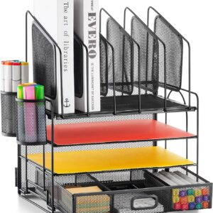 Marbrasse Desk Organizer with Drawer, 4-Tier Mesh Desk File Organizer with 5 Vertical File Holders and 2 Pen Holders, Multifunction Desktop Organizer,Desk Organizers and Accessories for Home Office