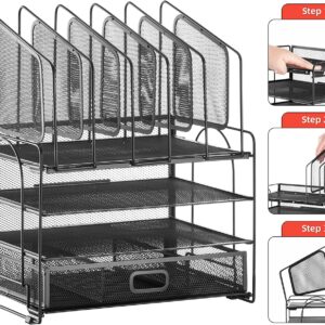 Marbrasse Desk Organizer with Drawer, 4-Tier Mesh Desk File Organizer with 5 Vertical File Holders and 2 Pen Holders, Multifunction Desktop Organizer,Desk Organizers and Accessories for Home Office