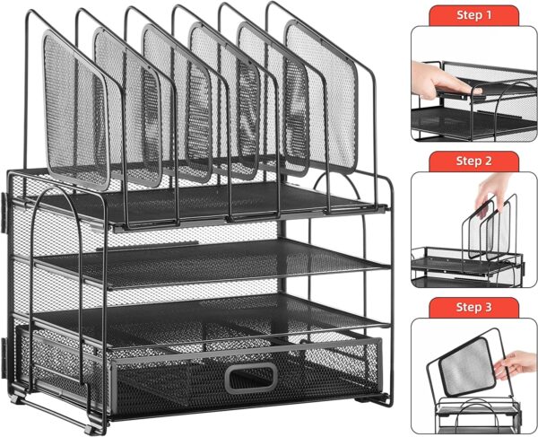 Marbrasse Desk Organizer with Drawer, 4-Tier Mesh Desk File Organizer with 5 Vertical File Holders and 2 Pen Holders, Multifunction Desktop Organizer,Desk Organizers and Accessories for Home Office