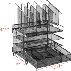 Marbrasse Desk Organizer with Drawer, 4-Tier Mesh Desk File Organizer with 5 Vertical File Holders and 2 Pen Holders, Multifunction Desktop Organizer,Desk Organizers and Accessories for Home Office