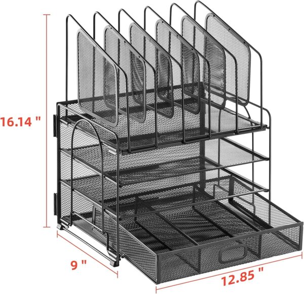 Marbrasse Desk Organizer with Drawer, 4-Tier Mesh Desk File Organizer with 5 Vertical File Holders and 2 Pen Holders, Multifunction Desktop Organizer,Desk Organizers and Accessories for Home Office