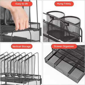 Marbrasse Desk Organizer with Drawer, 4-Tier Mesh Desk File Organizer with 5 Vertical File Holders and 2 Pen Holders, Multifunction Desktop Organizer,Desk Organizers and Accessories for Home Office