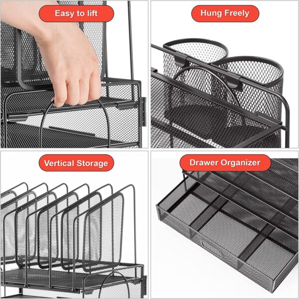 Marbrasse Desk Organizer with Drawer, 4-Tier Mesh Desk File Organizer with 5 Vertical File Holders and 2 Pen Holders, Multifunction Desktop Organizer,Desk Organizers and Accessories for Home Office