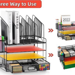 Marbrasse Desk Organizer with Drawer, 4-Tier Mesh Desk File Organizer with 5 Vertical File Holders and 2 Pen Holders, Multifunction Desktop Organizer,Desk Organizers and Accessories for Home Office