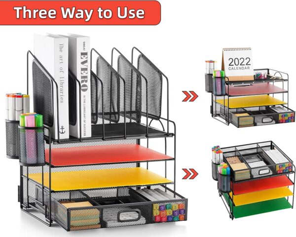 Marbrasse Desk Organizer with Drawer, 4-Tier Mesh Desk File Organizer with 5 Vertical File Holders and 2 Pen Holders, Multifunction Desktop Organizer,Desk Organizers and Accessories for Home Office
