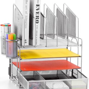Marbrasse Desk Organizer with Drawer, 4-Tier Mesh Desk File Organizer with 5 Vertical File Holders and 2 Pen Holders, Multifunction Desktop Organizer,Desk Organizers and Accessories for Home Office