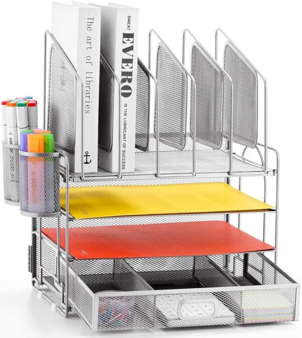 Marbrasse Desk Organizer with Drawer, 4-Tier Mesh Desk File Organizer with 5 Vertical File Holders and 2 Pen Holders, Multifunction Desktop Organizer,Desk Organizers and Accessories for Home Office