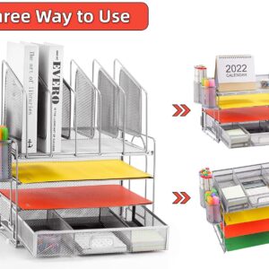 Marbrasse Desk Organizer with Drawer, 4-Tier Mesh Desk File Organizer with 5 Vertical File Holders and 2 Pen Holders, Multifunction Desktop Organizer,Desk Organizers and Accessories for Home Office