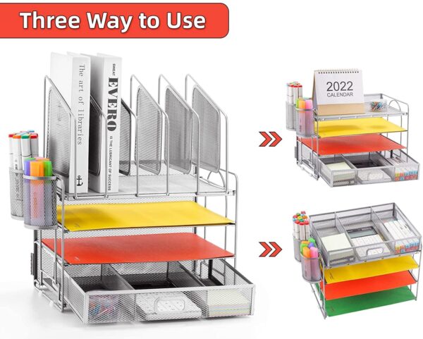 Marbrasse Desk Organizer with Drawer, 4-Tier Mesh Desk File Organizer with 5 Vertical File Holders and 2 Pen Holders, Multifunction Desktop Organizer,Desk Organizers and Accessories for Home Office