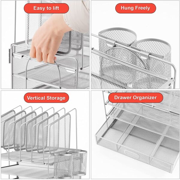 Marbrasse Desk Organizer with Drawer, 4-Tier Mesh Desk File Organizer with 5 Vertical File Holders and 2 Pen Holders, Multifunction Desktop Organizer,Desk Organizers and Accessories for Home Office