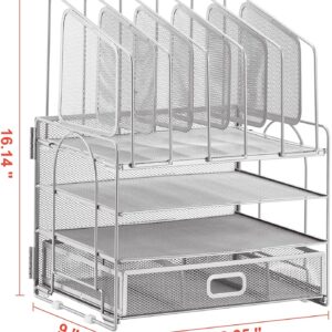 Marbrasse Desk Organizer with Drawer, 4-Tier Mesh Desk File Organizer with 5 Vertical File Holders and 2 Pen Holders, Multifunction Desktop Organizer,Desk Organizers and Accessories for Home Office