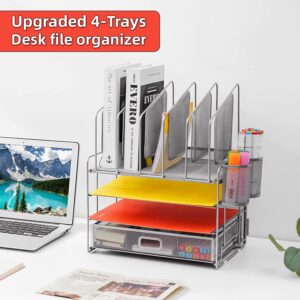 Marbrasse Desk Organizer with Drawer, 4-Tier Mesh Desk File Organizer with 5 Vertical File Holders and 2 Pen Holders, Multifunction Desktop Organizer,Desk Organizers and Accessories for Home Office