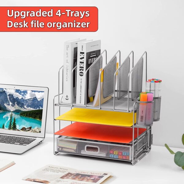 Marbrasse Desk Organizer with Drawer, 4-Tier Mesh Desk File Organizer with 5 Vertical File Holders and 2 Pen Holders, Multifunction Desktop Organizer,Desk Organizers and Accessories for Home Office