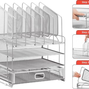 Marbrasse Desk Organizer with Drawer, 4-Tier Mesh Desk File Organizer with 5 Vertical File Holders and 2 Pen Holders, Multifunction Desktop Organizer,Desk Organizers and Accessories for Home Office