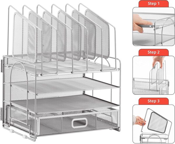 Marbrasse Desk Organizer with Drawer, 4-Tier Mesh Desk File Organizer with 5 Vertical File Holders and 2 Pen Holders, Multifunction Desktop Organizer,Desk Organizers and Accessories for Home Office