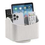 PU Leather Remote Control Holder, 360 Degree Rotating Desk Organizer Storage Table Remote Caddy, Spinning Bedside Organizer Nightstand Organizer for Desktop Office Home (White)