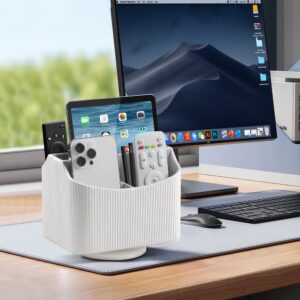 PU Leather Remote Control Holder, 360 Degree Rotating Desk Organizer Storage Table Remote Caddy, Spinning Bedside Organizer Nightstand Organizer for Desktop Office Home (White) - Image 2