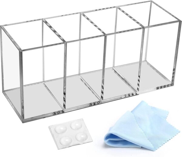 Acrylic Pen Holder 4 Compartments, Clear Acrylic Pencil Holders For Desk, Makeup