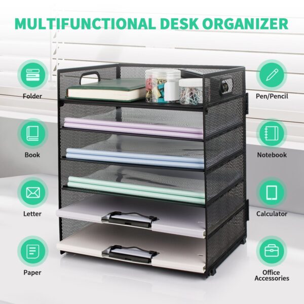 PHANCIR 6-Tier Desk Organizer Paper Storage Box ,Stationery Tray with Handle Mesh Stationery Tray Desktop File Classifier, Suitable for Office, Home